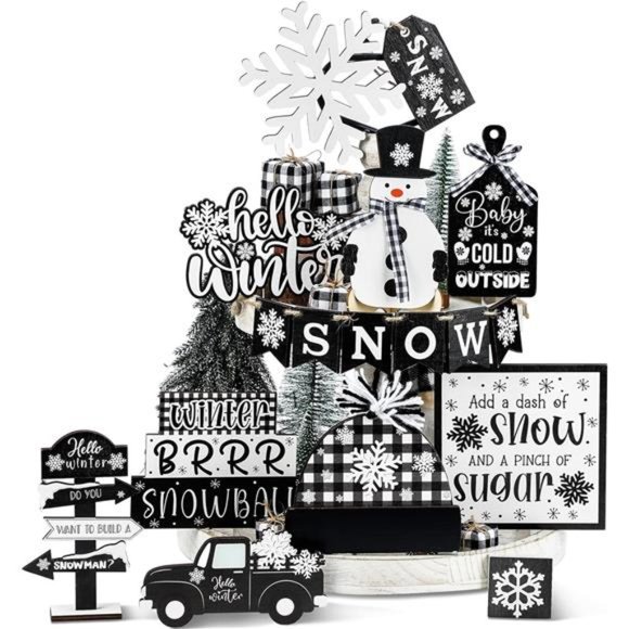 Christmas Tiered Tray Winter Decorations Set (Black and White Plaid) - Picture 1 of 6